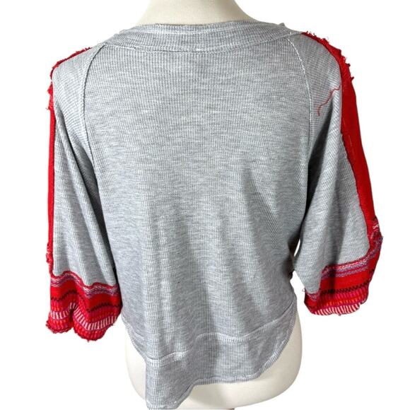 We The Free Red Grey Bubble Waffle Tee with Embroidered Sleeves S - Picture 4 of 8